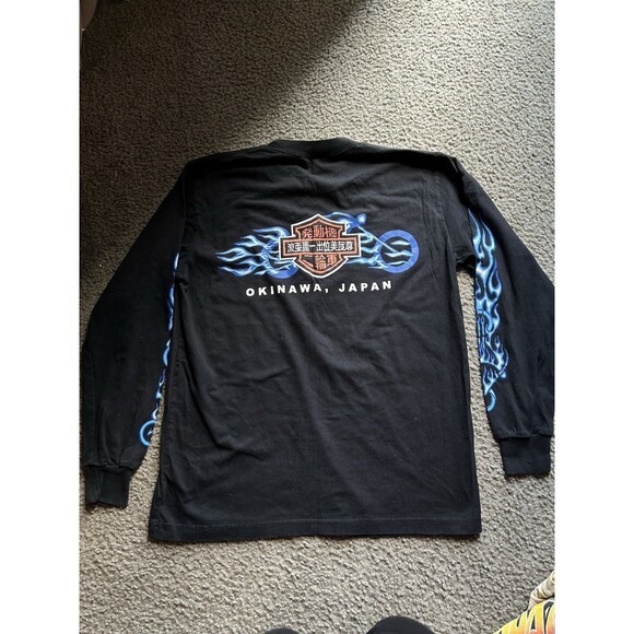 Vintage RARE Harley Davidson Black & Blue FLAMES Motorcycle OKINAWA JAPAN Shirt